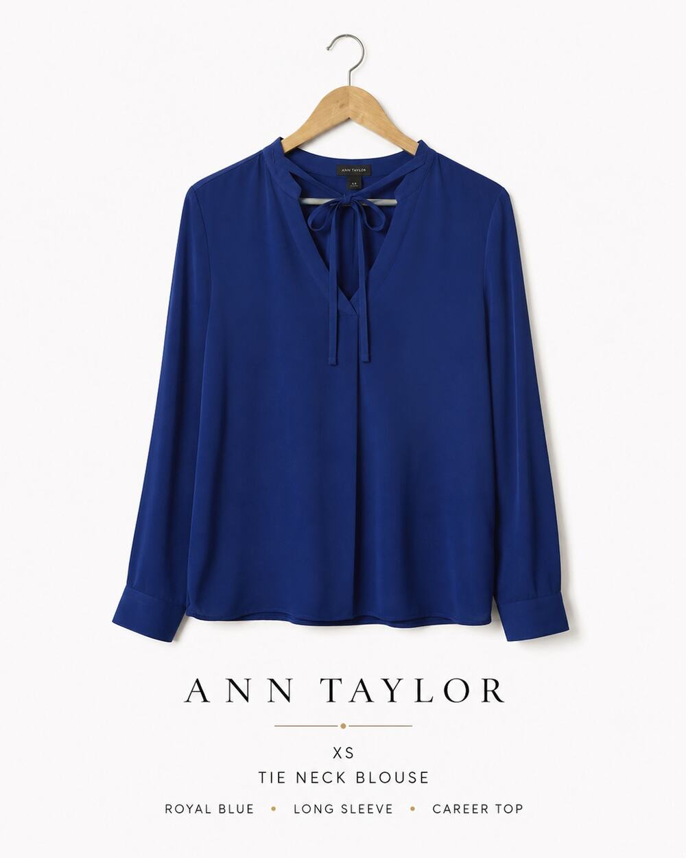 Ann Taylor XS Tie Neck Blouse Royal Blue Long Sleeve Career Top
